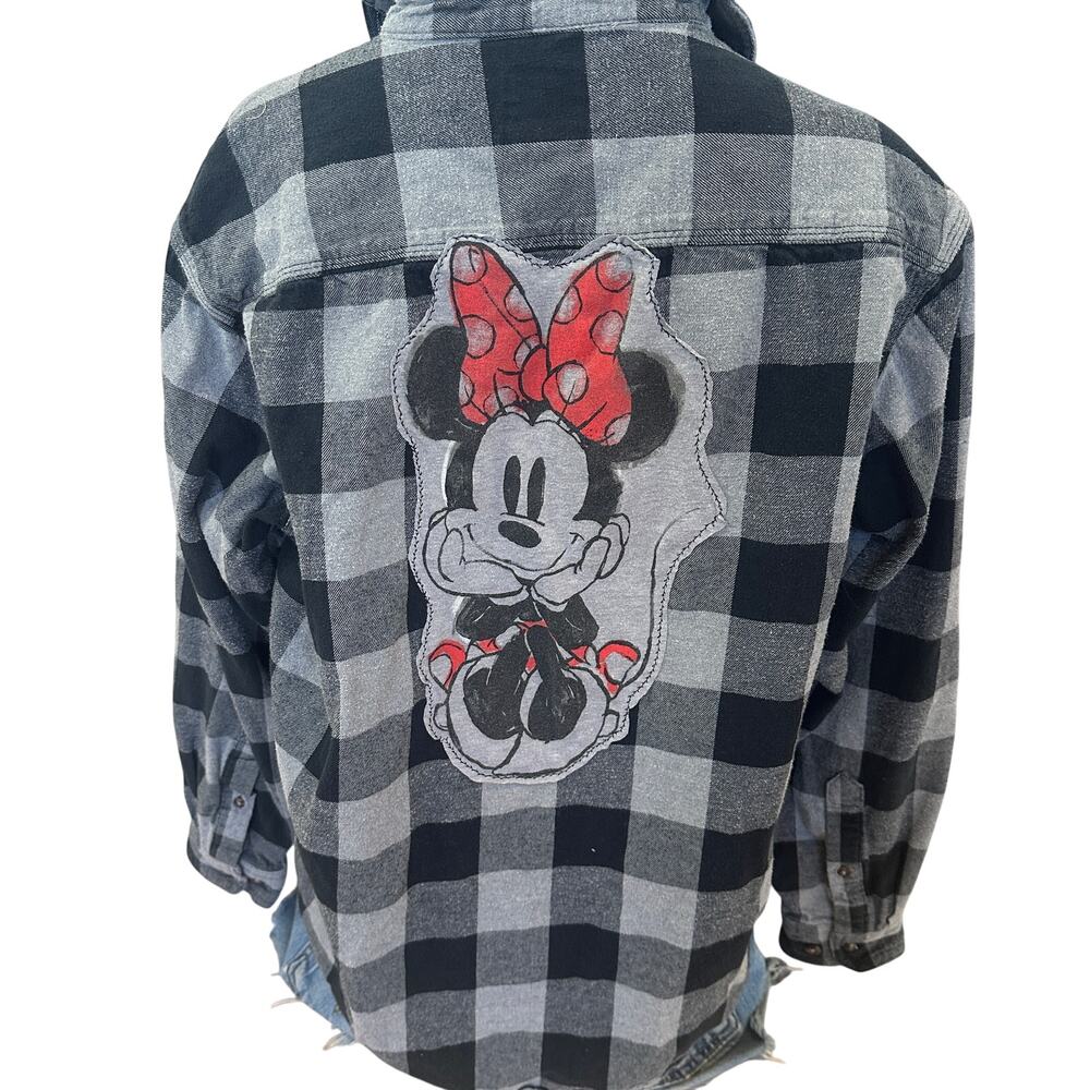 Minnie Mouse Plaid Flannel Shirt LARGE Oversized Unique Upcycled Disney